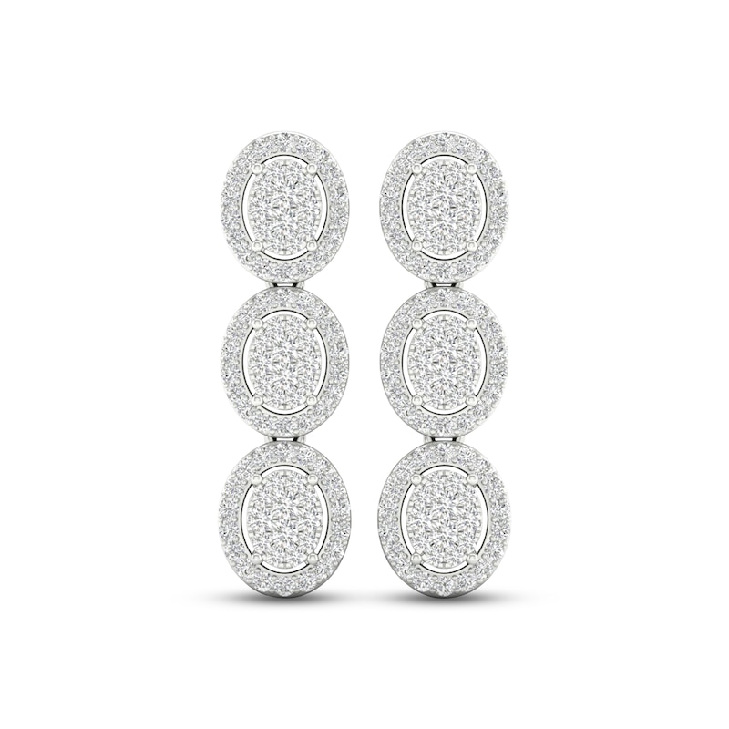 Diamond Three-Oval Dangle Earrings 3/4 ct tw Round-cut White Gold Plated