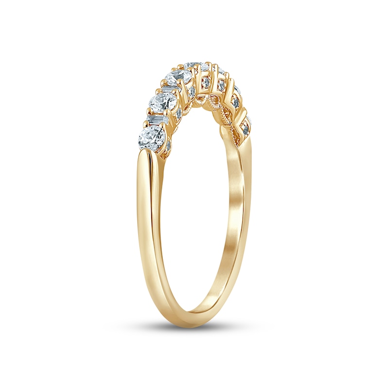 Diamond Anniversary Ring 1/2 ct tw Round & Baguette-cut Yellow Gold Plated
