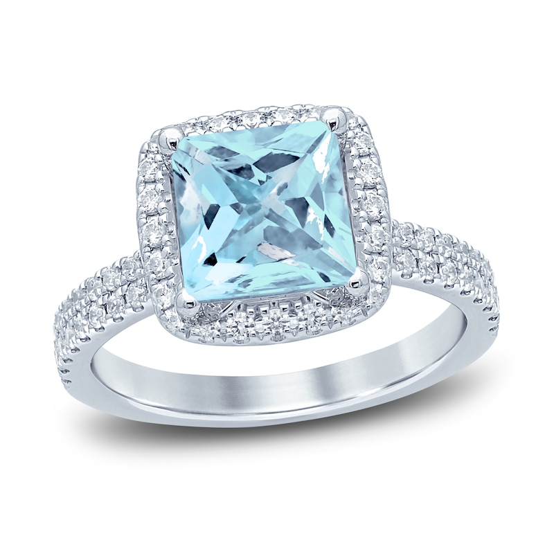 Square-cut Aquamarine Engagement Ring 3/8 ct tw Diamonds White Gold Plated