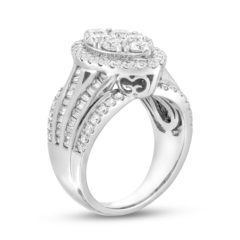 Diamond Engagement Ring 3 ct tw Round & Baguette White Gold Plated