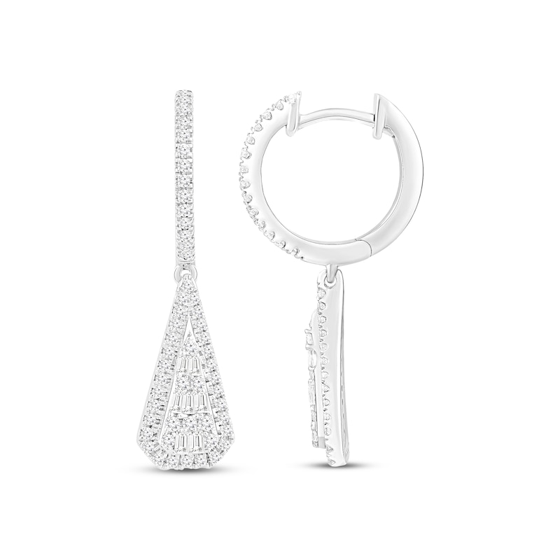 Diamond Huggie Hoop Dangle Earrings 1/2 ct tw Round & Baguette-cut White Gold Plated