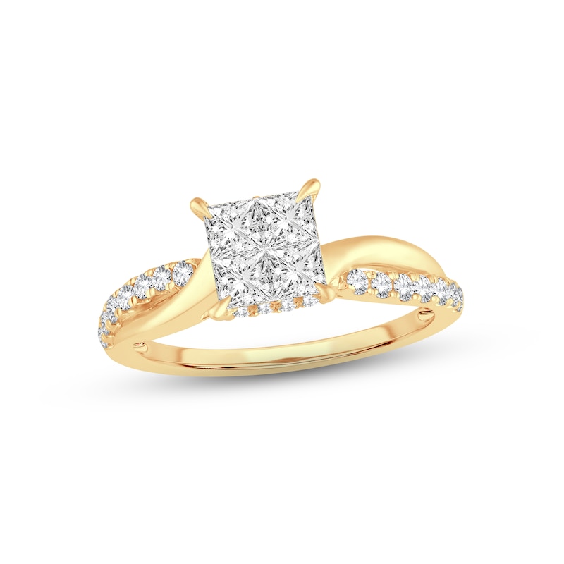 Multi-Diamond Engagement Ring 1 ct tw Princess & Round-cut Yellow Gold Plated