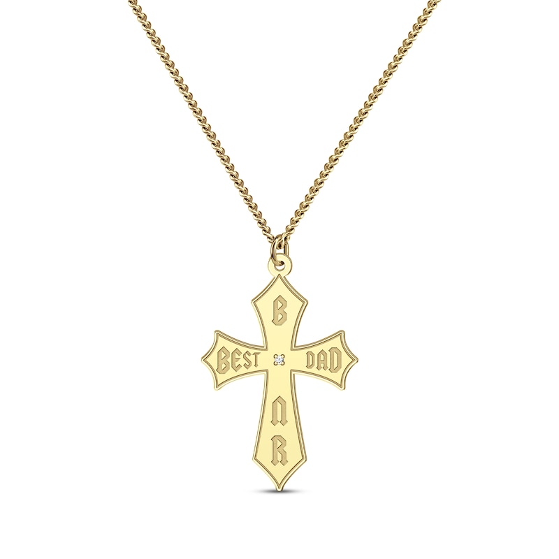 Men's Diamond Accent Best Dad & Initials Cross Necklace Yellow Gold Plated 22"