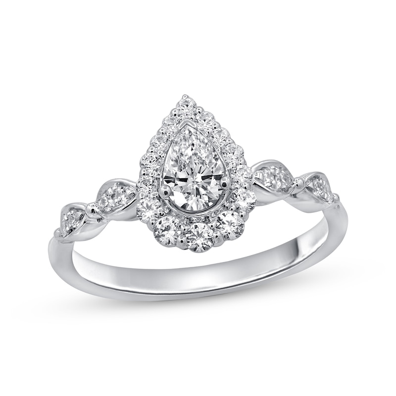 Diamond Engagement Ring 5/8 ct tw Pear & Round-cut White Gold Plated