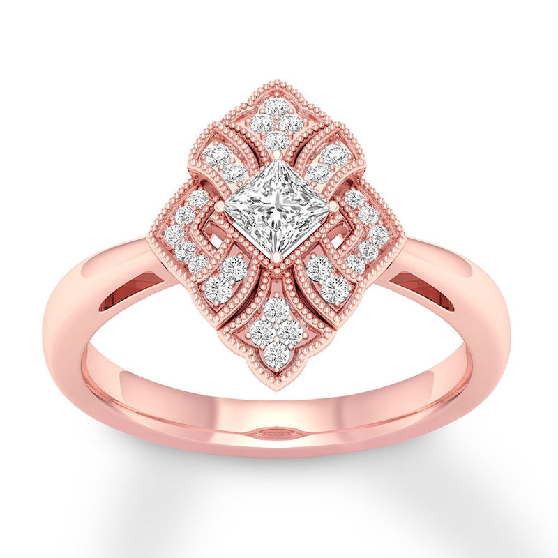 Diamond Ring 1/3 ct tw Princess & Round Rose Gold Plated