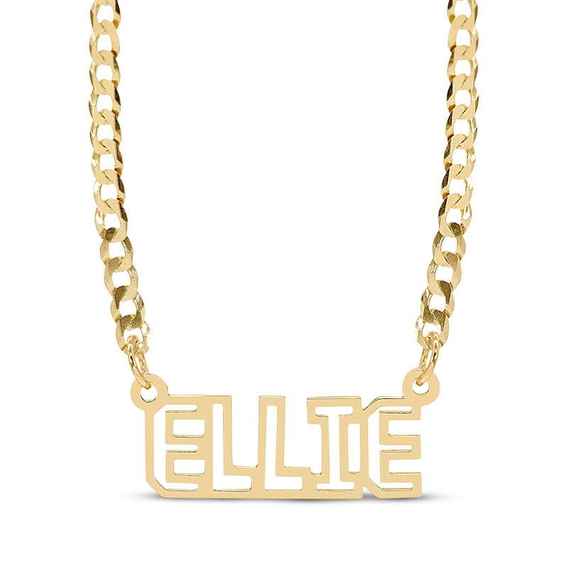 Stenciled Name Curb Chain Necklace Yellow Gold Plated 18"