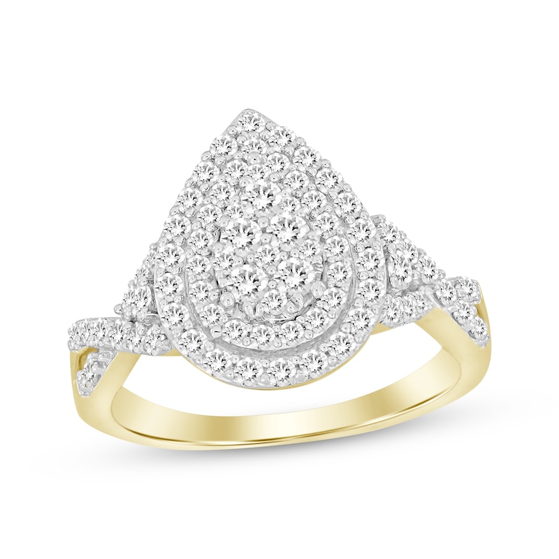 Multi-Diamond Center Stepped Pear Frame Engagement Ring 7/8 ct tw Round Yellow Gold Plated