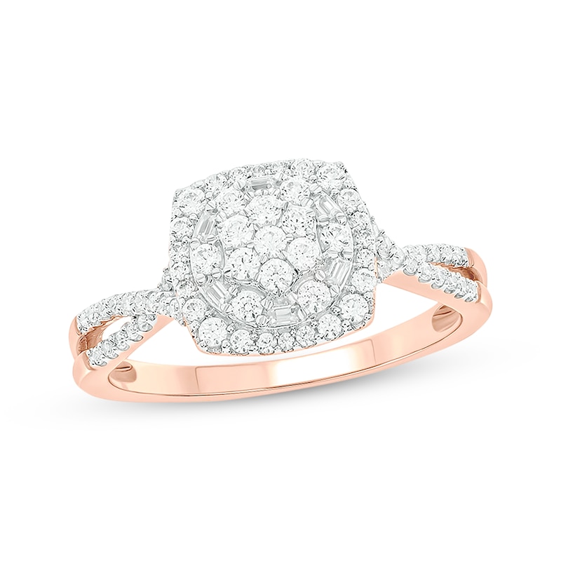 Baguette & Round-Cut Multi-Diamond Center Cushion-Shaped Engagement Ring 1/2 ct tw Rose Gold Plated