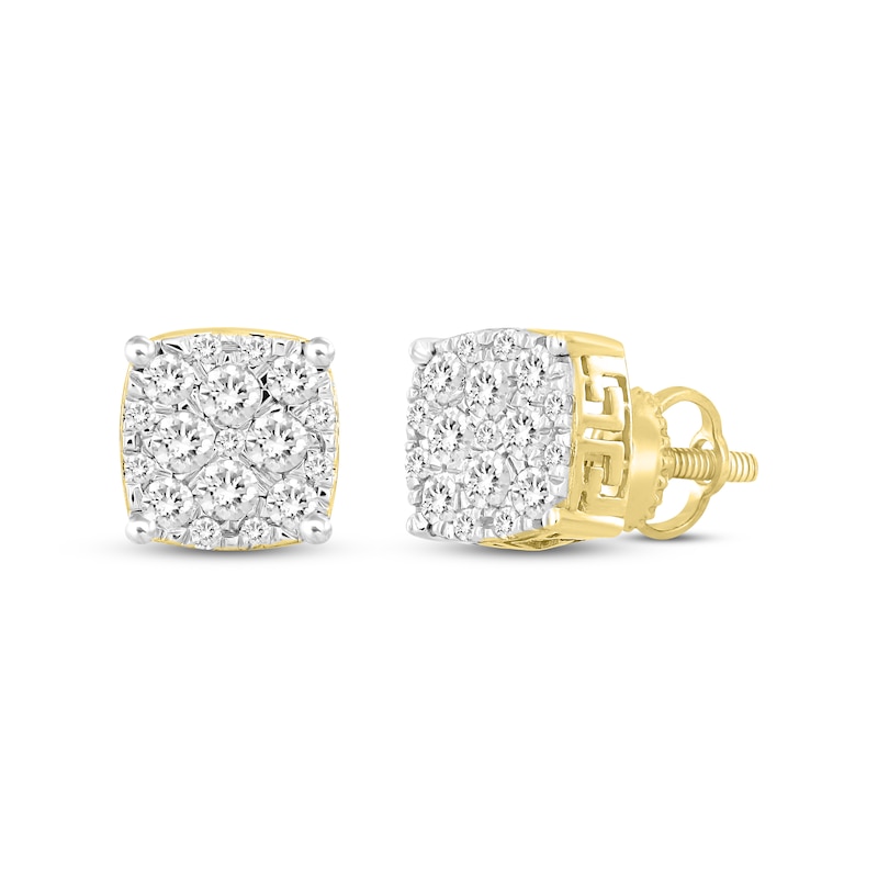Men's Multi-Diamond Greek Key Stud Earrings 1 ct tw Yellow Gold Plated