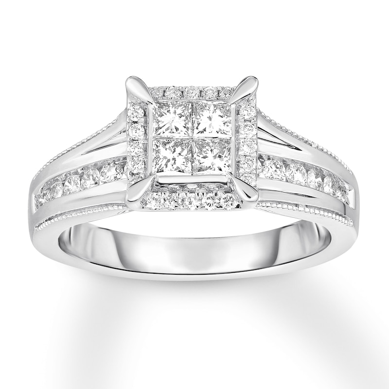 Diamond Engagement Ring 3/4 ct tw Princess & Round-cut White Gold Plated