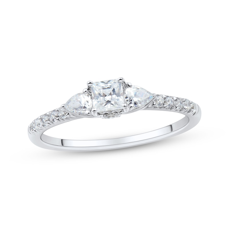 Princess-Cut, Pear-Shaped & Round-Cut Diamond Three-Stone Engagement Ring 3/4 ct tw White Gold Plated