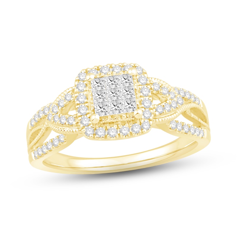Multi-Diamond Engagement Ring 1/2 ct tw Princess & Round Yellow Gold Plated