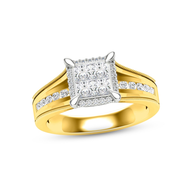 Multi-Diamond Engagement Ring 3/4 ct tw Princess & Round-cut Yellow Gold Plated