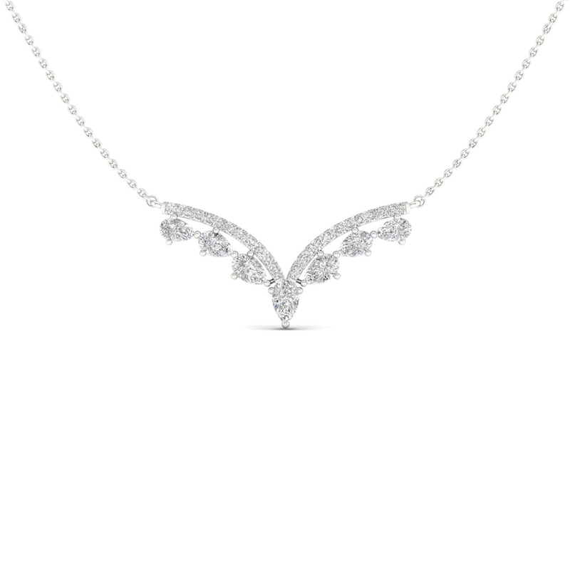 Diamond V Necklace 1-1/2 ct tw Pear & Round-cut White Gold Plated 18"