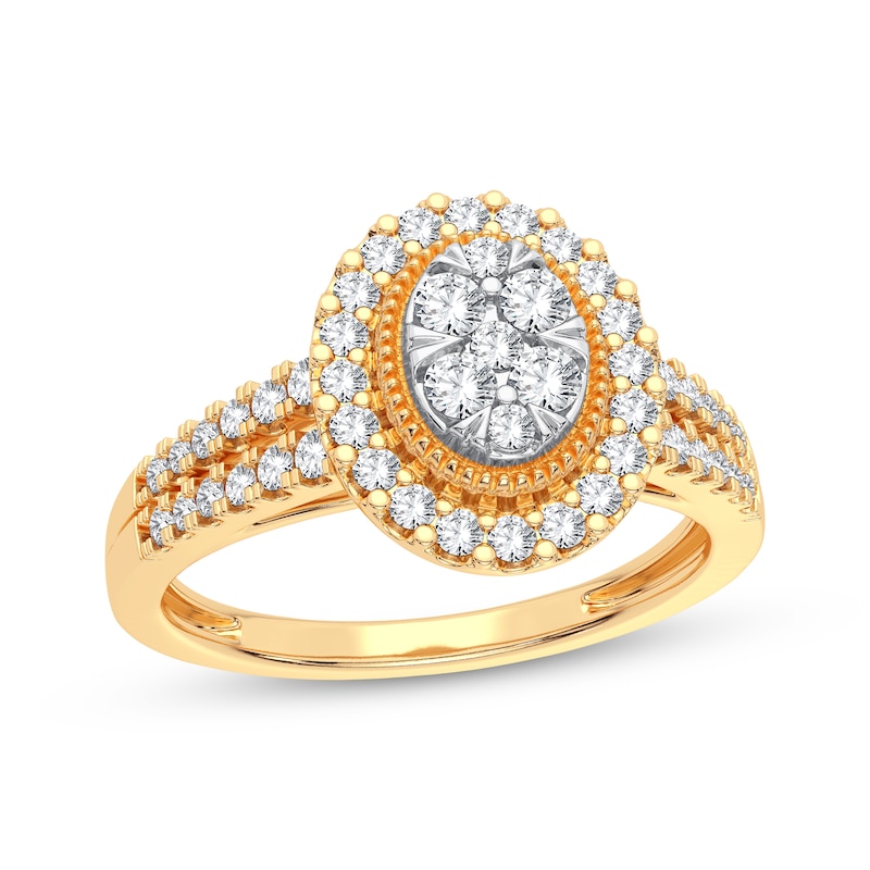 Multi-Diamond Center Oval Engagement Ring 3/8 ct tw Round-cut Yellow Gold Plated