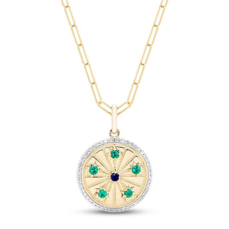 Lab-Created Emerald, Blue Lab-Created Sapphire & White Topaz Medallion Necklace Yellow Gold Plated 18"