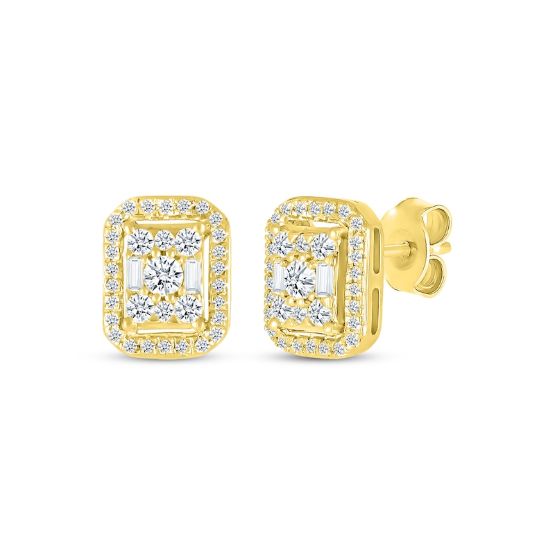 Baguette & Round-Cut Diamond Stud Earrings 3/8 ct tw Yellow Gold Plated