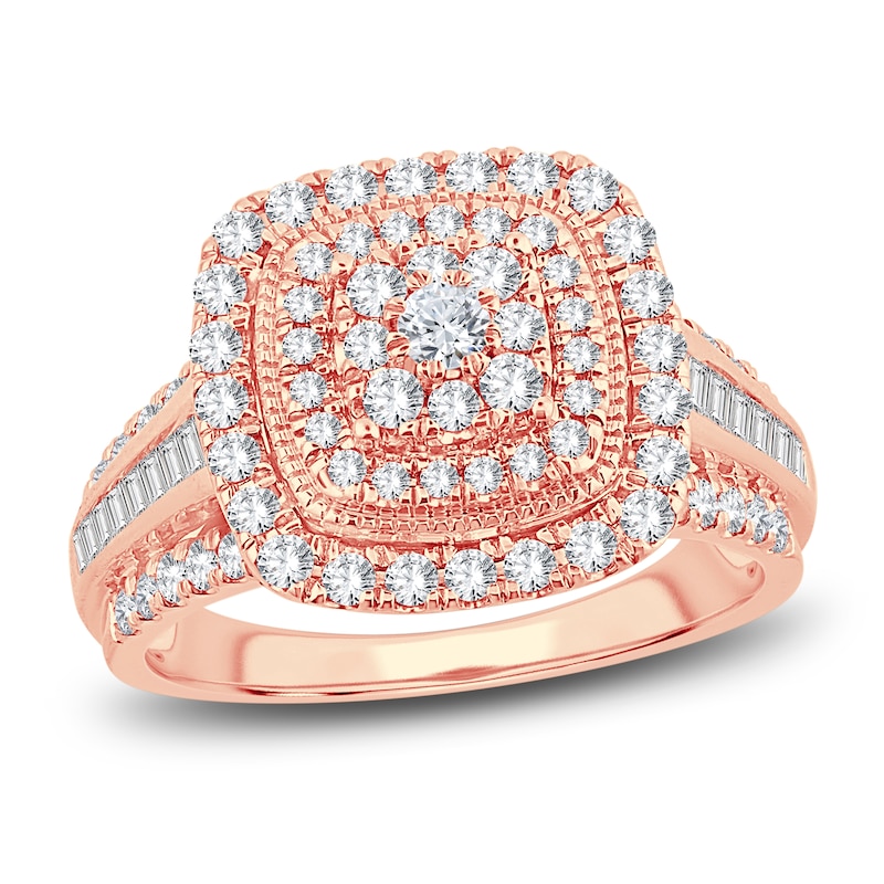 Diamond Engagement Ring 1 ct tw Round & Baguette-Cut Rose Gold Plated