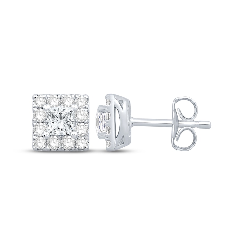 Diamond Stud Earrings 1 ct tw Princess & Round-cut White Gold Plated