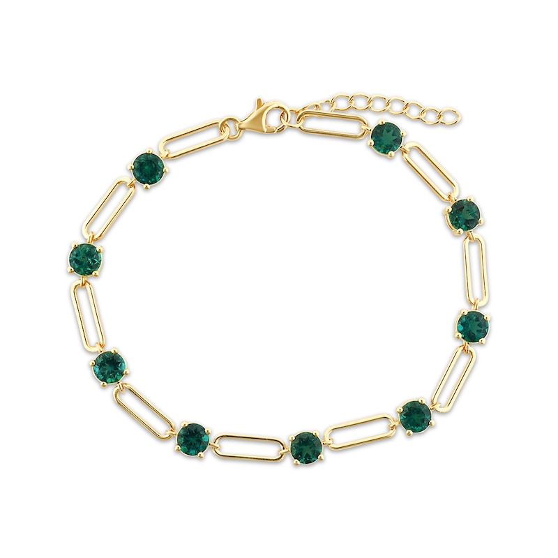 Lab-Created Emerald Paperclip Bracelet Yellow Gold Plated 8.5"