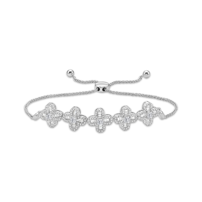 Princess-Cut Diamond Clover Link Bolo Bracelet 1-5/8 ct tw White Gold Plated