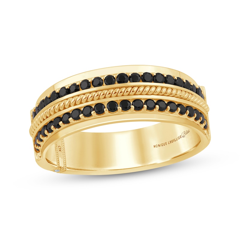 Monique Lhuillier Bliss Men's Black & White Diamond Wedding Ring 3/4 ct tw Yellow Gold Plated