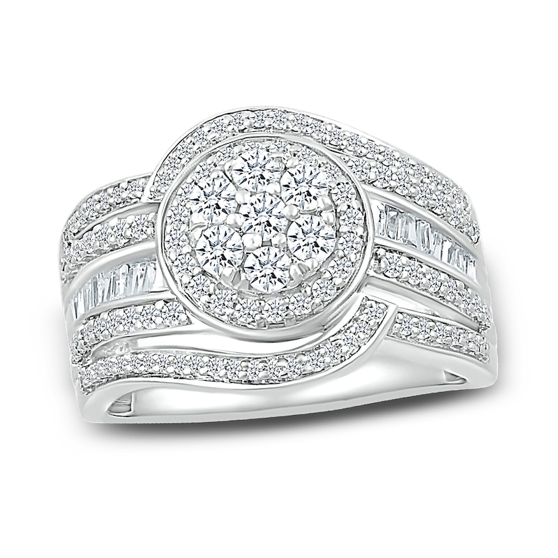 Diamond Flower Ring 1 ct tw Round & Baguette-cut White Gold Plated