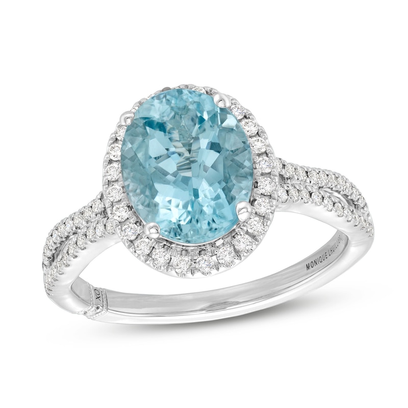 Monique Lhuillier Bliss Oval-Cut Aquamarine & Diamond Halo Engagement Ring 1/3 ct tw White Gold Plated