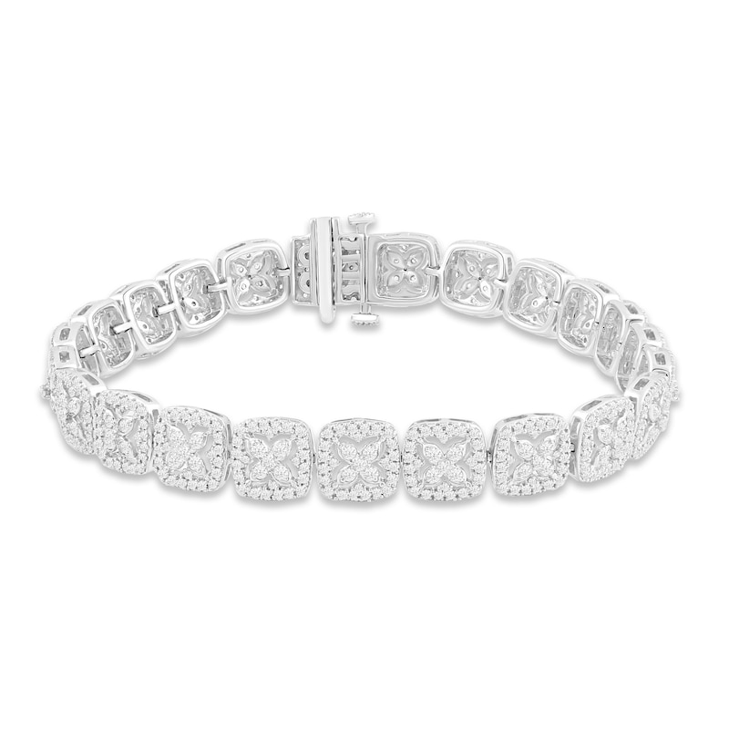 Diamond Cushion Link Flower Bracelet 3 ct tw White Gold Plated 7.25"