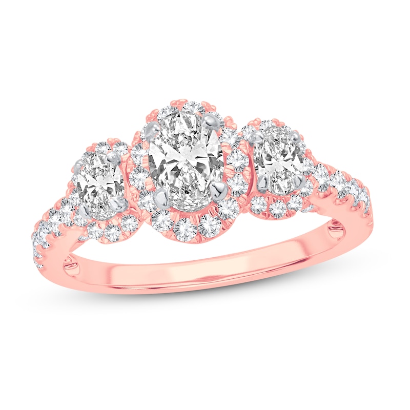 Three Stone Diamond Engagement Ring 1-3/4 ct tw Oval & Round Rose Gold Plated