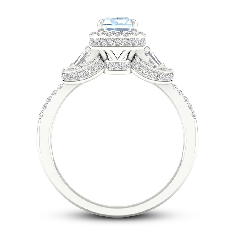 Aquamarine & Diamond Engagement Ring 1/2 ct tw Emerald, Round & Baguette-cut White Gold Plated
