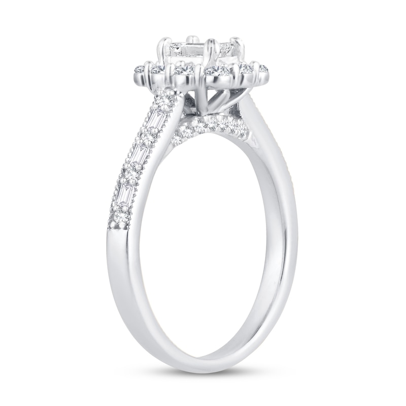 Diamond Engagement Ring 3/4 ct tw Emerald, Round, Baguette White Gold Plated