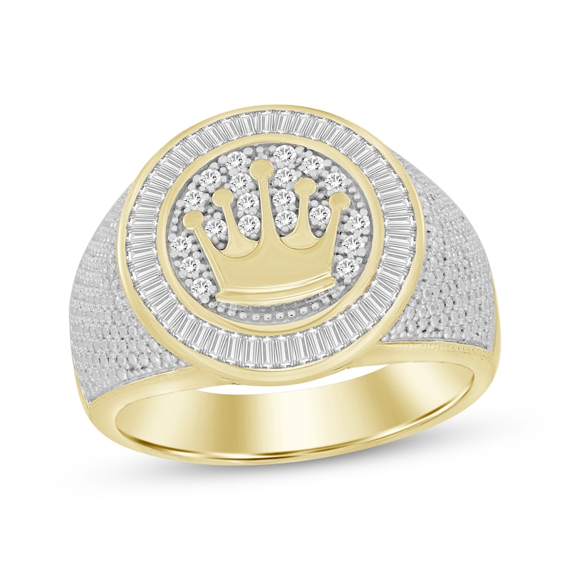 Men’s Round & Baguette-Cut Diamond Crown Signet Ring 1/2 ct tw Yellow Gold Plated