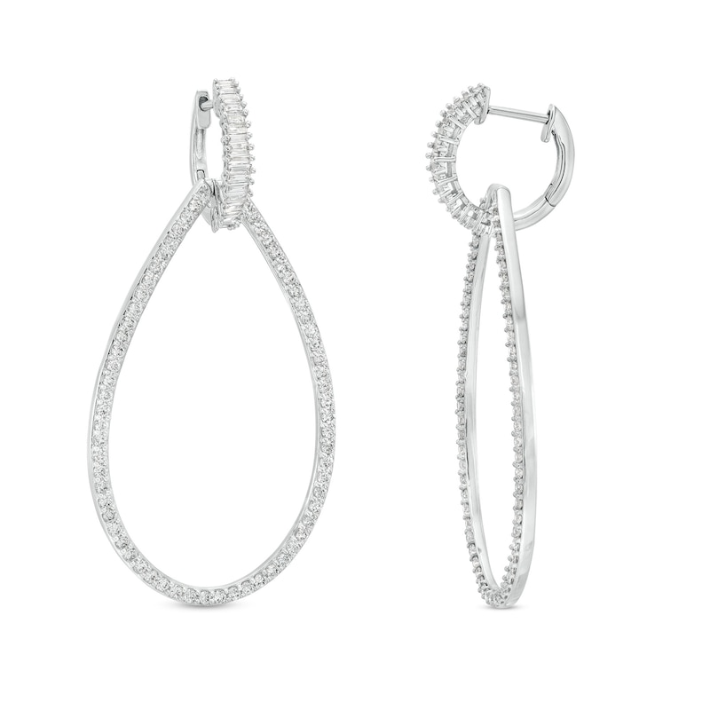 Baguette & Round-Cut Diamond Teardrop Door Knocker Earrings 1-1/2 ct tw White Gold Plated