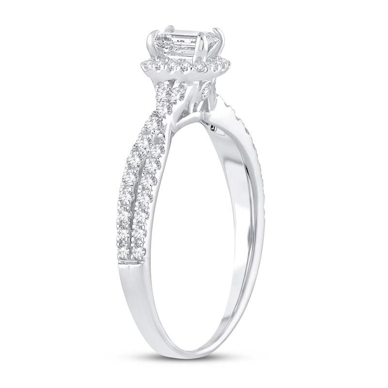 Diamond Engagement Ring 3/4 ct tw Emerald & Round White Gold Plated