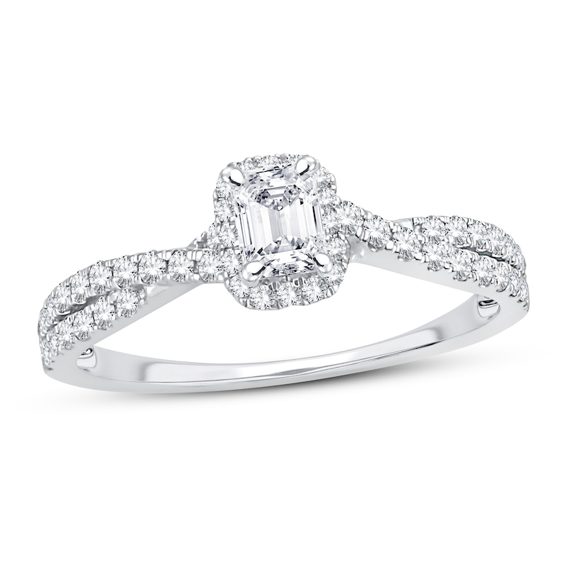 Diamond Engagement Ring 3/4 ct tw Emerald & Round White Gold Plated