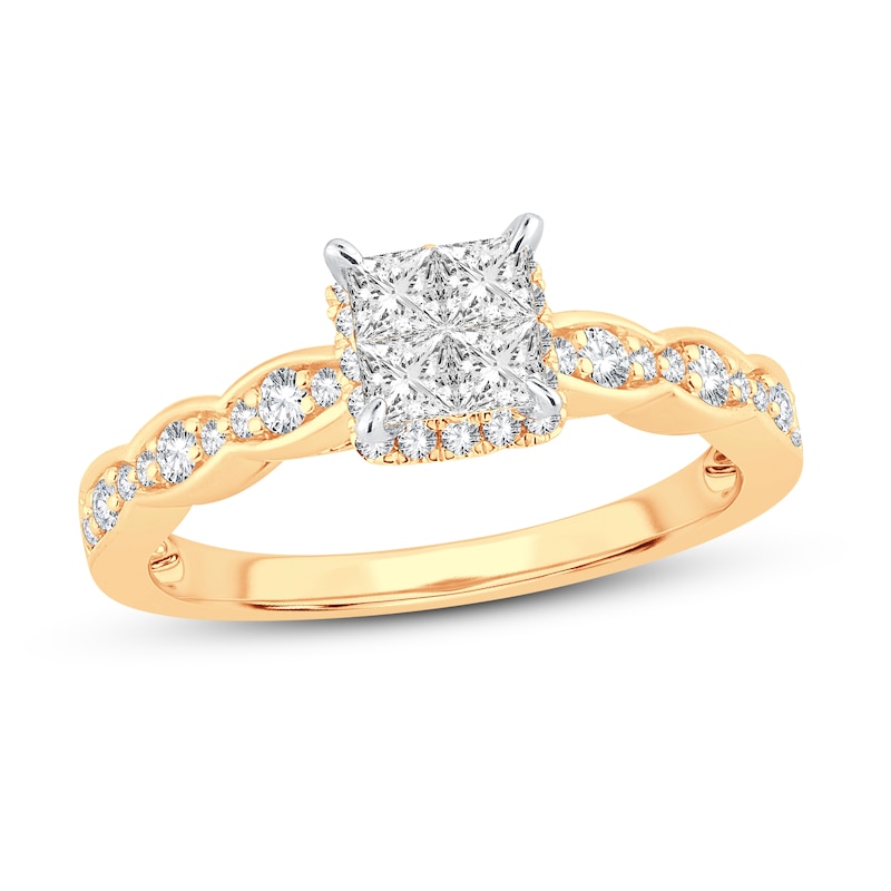 Multi-Diamond Engagement Ring 5/8 ct tw Princess & Round Yellow Gold Plated