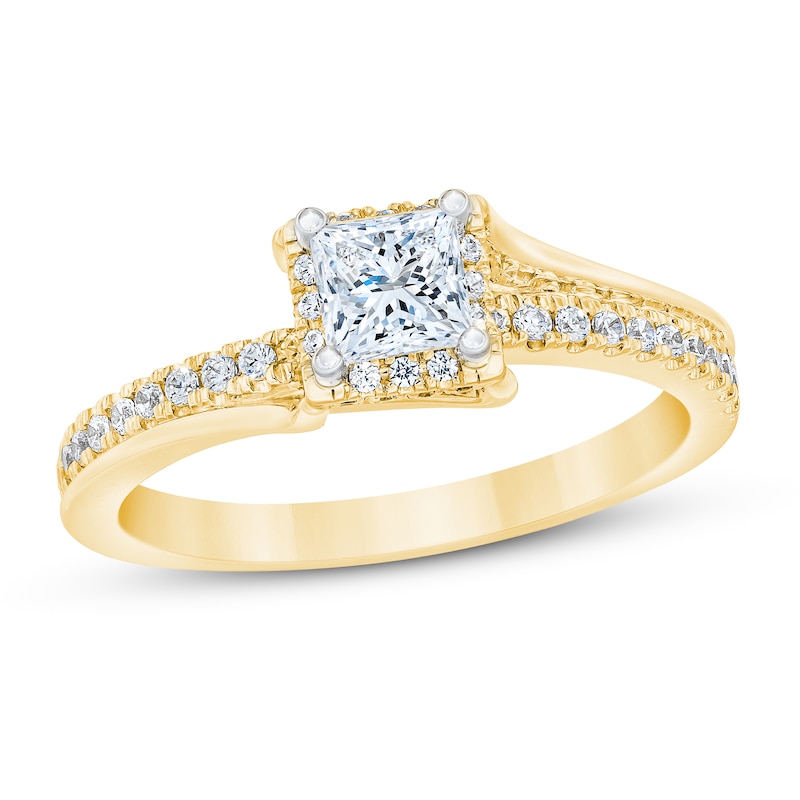 Diamond Engagement Ring 3/4 ct tw Princess & Round Yellow Gold Plated