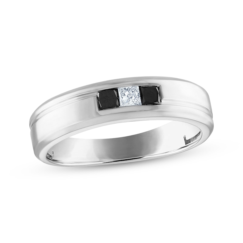 Men's Square-Cut Black & White Diamond Three-Stone Wedding Band 3/8 ct tw White Gold Plated