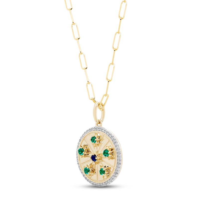 Lab-Created Emerald, Blue Lab-Created Sapphire & White Topaz Medallion Necklace Yellow Gold Plated 18"