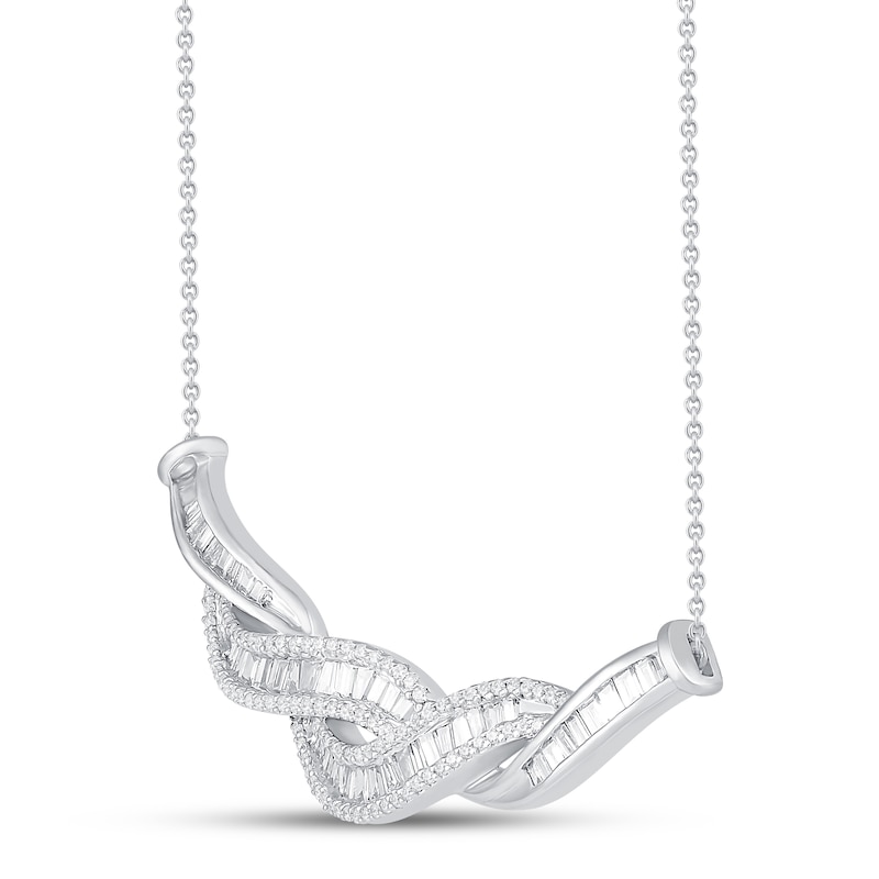 Diamond Twist Necklace 1 ct tw Baguette & Round White Gold Plated 19"