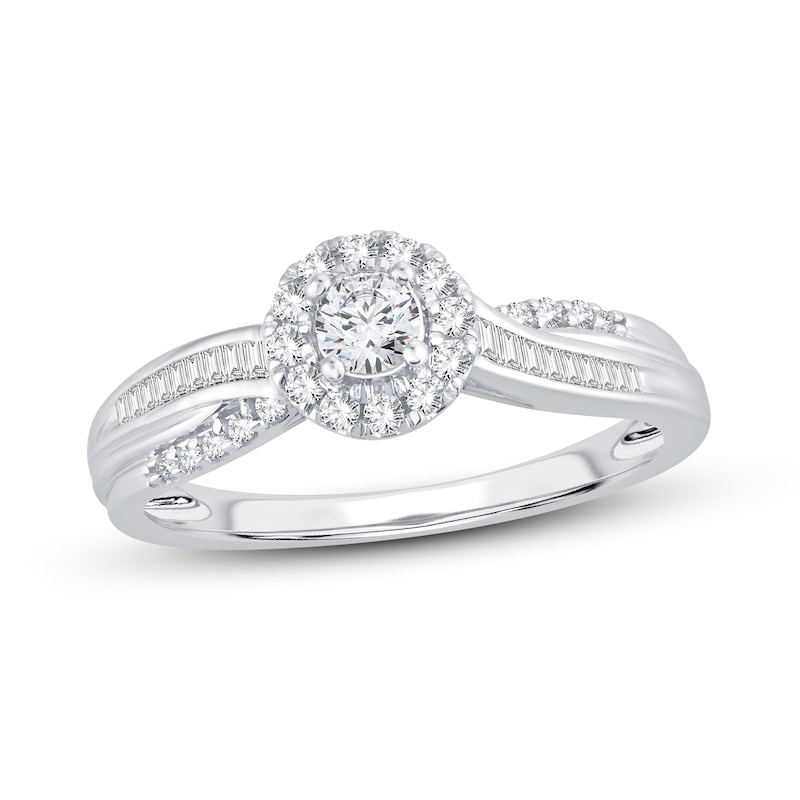 Diamond Engagement Ring 3/8 ct tw Round & Baguette-cut White Gold Plated