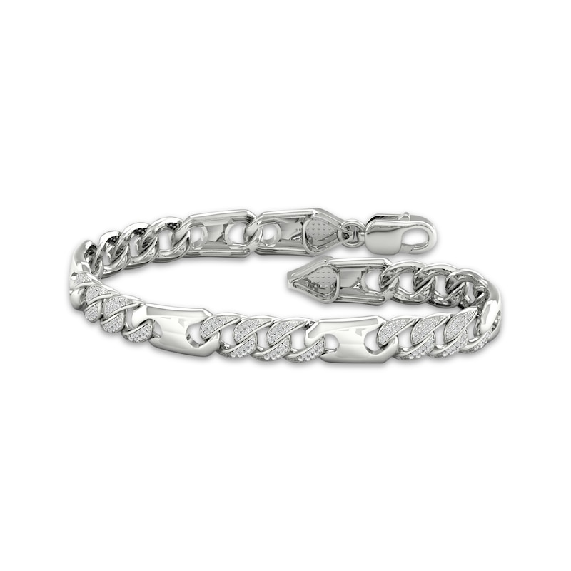 Men's Diamond Station Curb Chain Bracelet 1 ct tw White Gold Plated 8.5"