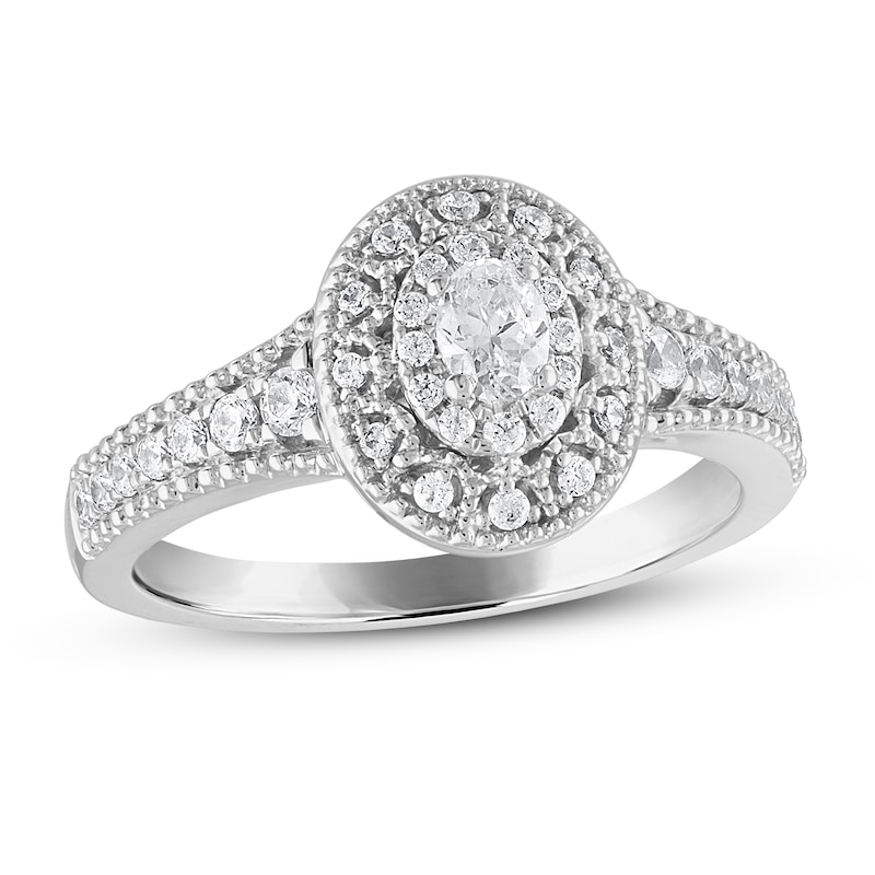 Diamond Engagement Ring 1/2 ct tw Oval & Round-cut in White Gold Plated