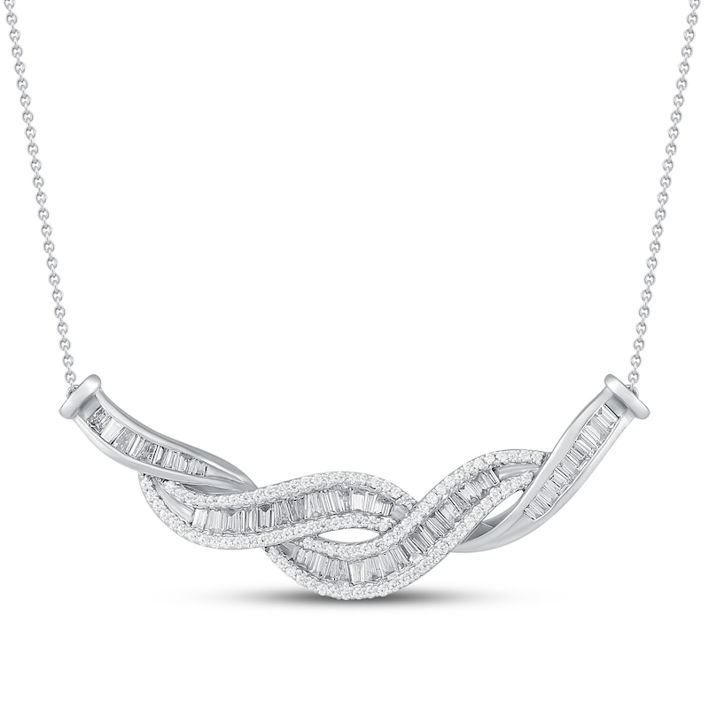 Diamond Twist Necklace 1 ct tw Baguette & Round White Gold Plated 19"