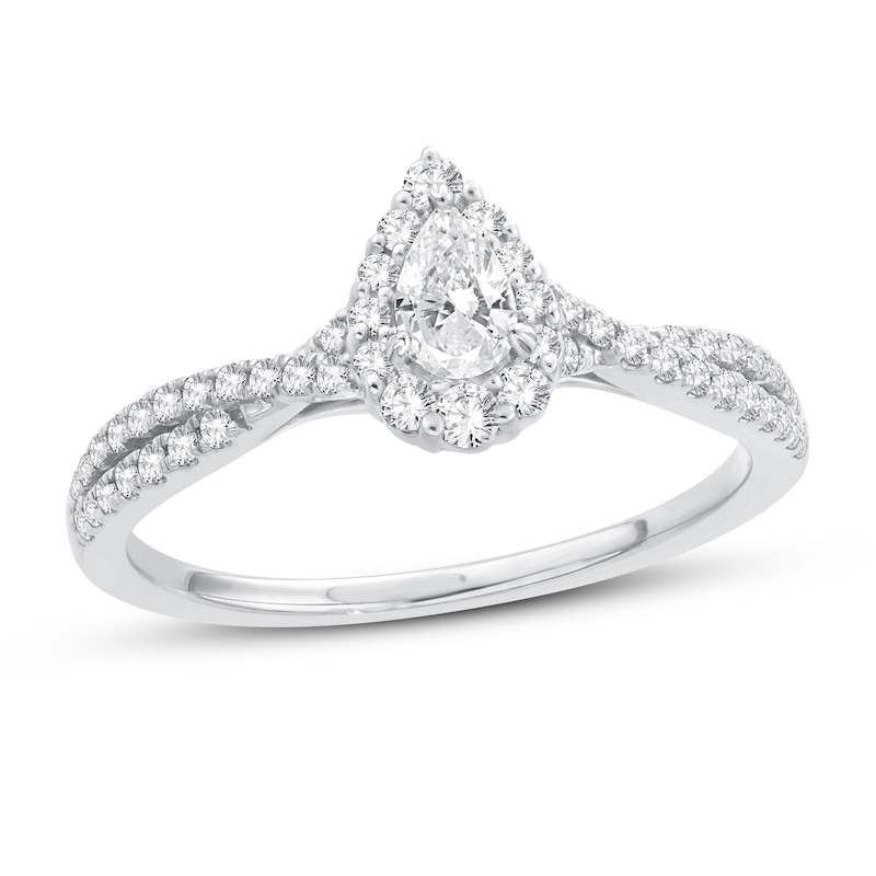 Diamond Engagement Ring 1/2 ct tw Pear & Round White Gold Plated