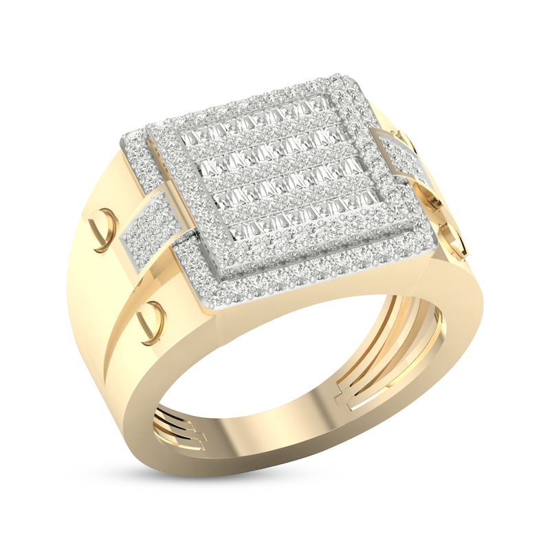 Men's Multi-Diamond Center Square Ring 1 ct tw Round & Baguette-cut Yellow Gold Plated