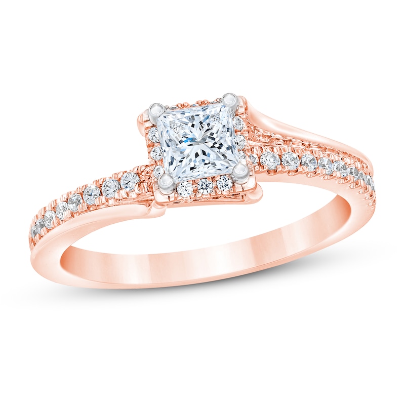 Diamond Engagement Ring 3/4 ct tw Princess & Round Rose Gold Plated