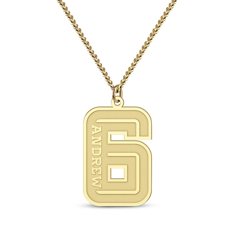 Men's Stencil Sport Number & Name Necklace Yellow Gold Plated 22"