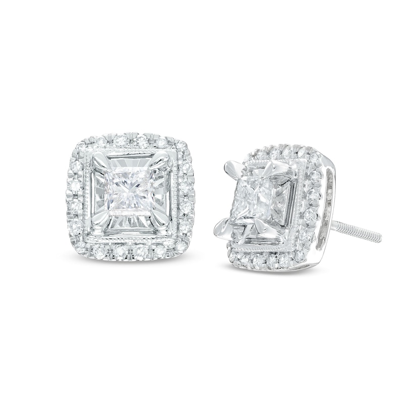 Diamond Stud Earrings 1 ct tw Princess & Round-cut White Gold Plated
